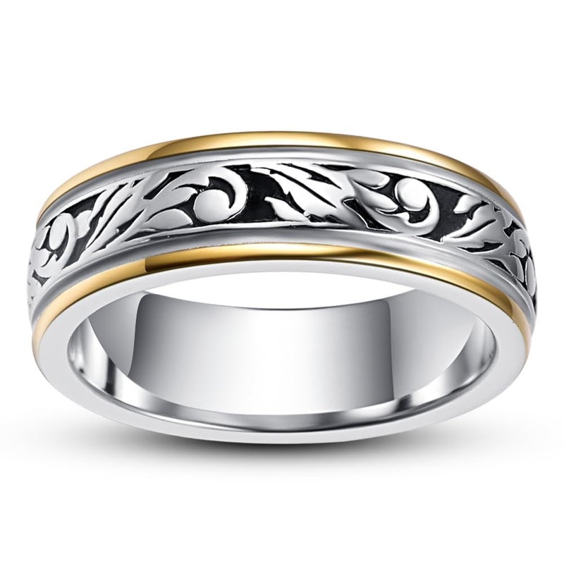 AVECON Wedding Ring, Unisex, Vintage Floral Vine Pattern, Two-Tone, Sizes 6-12 - Image 2